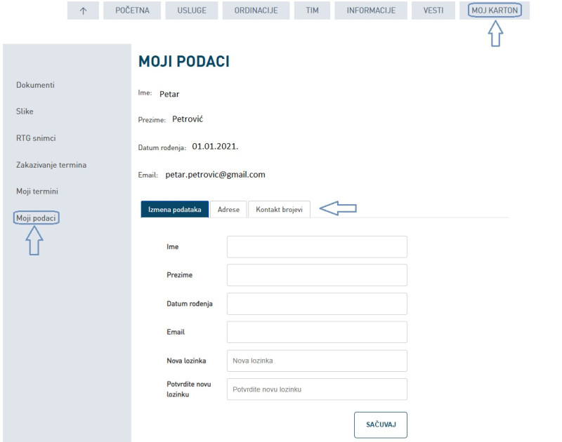 Slika prikaza ortis sajta gde se mogu izmeniti podaci